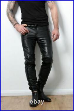 Mens Real Leather Biker Pants Black Leather Slim Fit Trousers