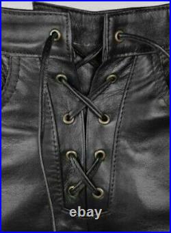 Mens Real Leather Bikers Pants Side and Front Laces Up Bikers Pants Trousers