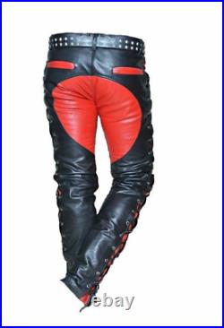 Mens Real Leather Bikers Pants Side and Front Laces Up Contrast Leather Trousers