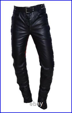 Mens Real Leather Bikers Pants Side and Front Laces Up Contrast Leather Trousers