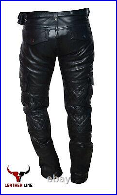Mens Real Leather Black Pant Lambskin Cargo Pants Quilted Leather Pants for Mens