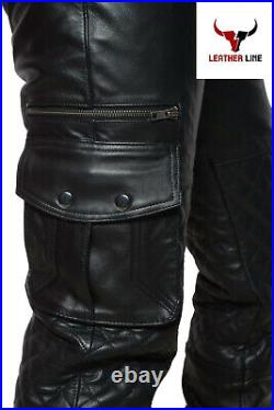 Mens Real Leather Black Pant Lambskin Cargo Pants Quilted Leather Pants for Mens