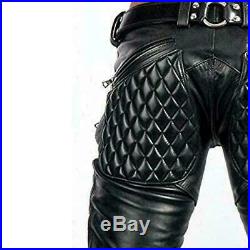 Mens Real Leather Black Pants Quilted design with chained crotch piece front