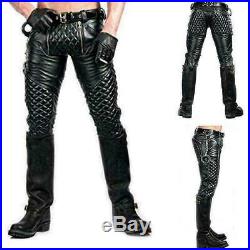Mens Real Leather Black Pants Quilted design with chained crotch piece front