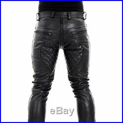 Mens Real Leather Black Quilted Pant with Zipper Closure Genuine Leather Trouser
