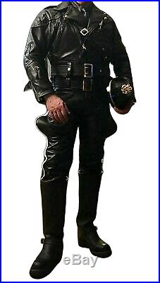 Mens Real Leather Gay pants Police Trouser Doube Zip Cowhide Leather Jeans