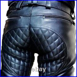 Mens Real Leather Jeans Punk Kink Pant Quilted Trousers Biker Pants
