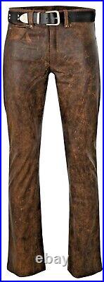 Mens Real Leather Pants Brown Men's Genuine slim fit trouser Wax Vintage Pant