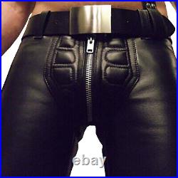 Mens Real Leather Pants Cowhide Black Leather Biker Trousers