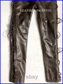 Mens Real Leather Pants Men Genuine Leather slim fit trouser Brown Side lace