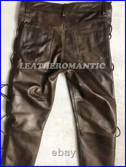Mens Real Leather Pants Men Genuine Leather slim fit trouser Brown Side lace