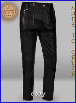 Mens Real Leather Pants Mens Genuine Leather Trouser Jeans Bluf Black zipper