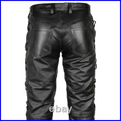 Mens Real Leather Pants Side and Front Laces Up Biker Pants Trousers(28-48)