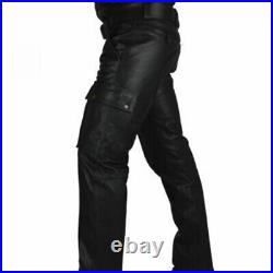 Mens Real Leather Plain Cargo Pants Cowhide Black Leather Cargo Trousers