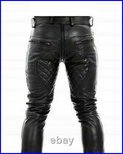 Mens Real Leather Quilted Biker Pants With Zipper Gay Fetish Jeans Vintage Pant