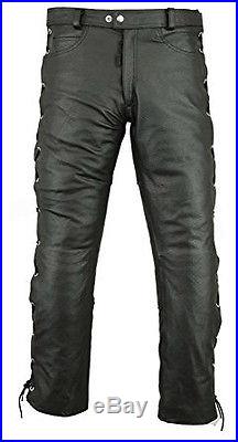 Mens Real Leather Trouser Biker Genuine Motorcycle Side Lace Casual Black Pants