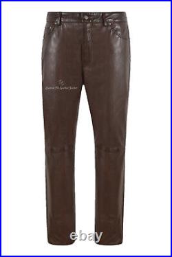 Mens Real Leather Trouser Motorcycle Brown Lambskin Leather Jeans Style Pant 501