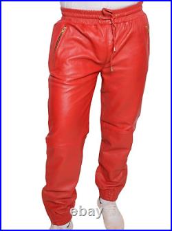 Mens Real Leather Trousers Red Napa Sweat Track Pants Joggers Pant Ankle Zip
