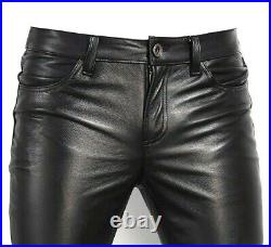 Mens Real Sheepskin / Cowhide Leather Pants Casual Tight Slim fit Biker Pants
