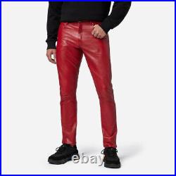 Mens Real Sheepskin Leather Pants Slim fit Casual Tight Trousers Biker Pants Red