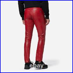 Mens Real Sheepskin Leather Pants Slim fit Casual Tight Trousers Biker Pants Red