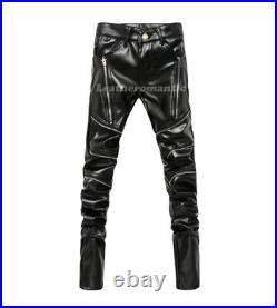 Mens Real Soft Leather Jeans Pants Trouser Men Leather Pants Two Zipper Black