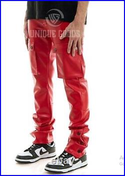 Mens Real Soft Leather Plain Cargo Pants Cowhide Red Leather Cargo Trousers
