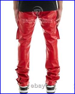 Mens Real Soft Leather Plain Cargo Pants Cowhide Red Leather Cargo Trousers