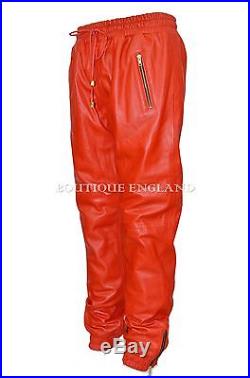 Mens Red Napa Real Soft Leather Trousers Sweat Track Pant Zip Jogging Bottom