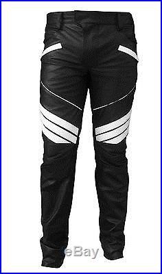 Mens Sexy Real Black & White Leather Motorcycle Bikers Pants Jeans Trouser-j5wht