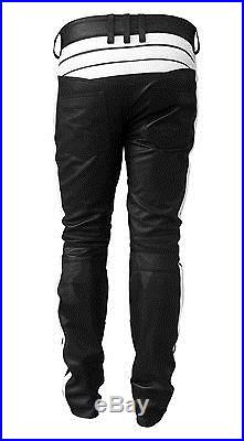 Mens Sexy Real Black & White Leather Motorcycle Bikers Pants Jeans Trouser-j5wht