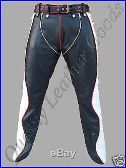Mens Sheep Leather Jeans Pant Trouser Biker Gay Red Black & White Contrast Chaps