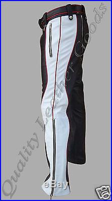 Mens Sheep Leather Jeans Pant Trouser Biker Gay Red Black & White Contrast Chaps