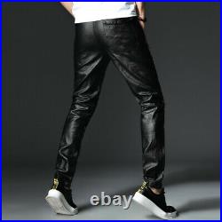 Mens Skinny Slim Fit Pants Leather Motorcycle Biker Trousers Casual Black Korean
