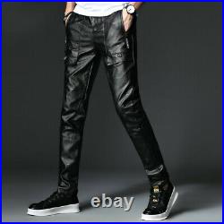 Mens Skinny Slim Fit Pants Leather Motorcycle Biker Trousers Casual Black Korean