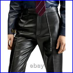 Mens Slim Fit Genuine Sheepskin Leather Pants Formal Bootcut Dress Black Pants
