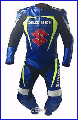Mens Suzuki blue Racing Motorcycle Cowhide leather 2 Piece suit Jacket pant