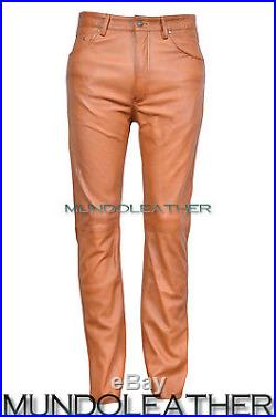 Mens Tan Genuine Soft Nappa Leather Biker Style Motorcycle Jeans Trousers Pants