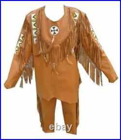 Mens Western Cowboy Cognac Brown Leather Fringe Beaded Shirt & Pant WSP64