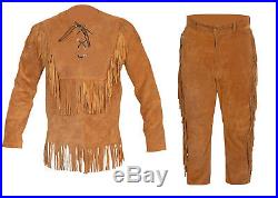 Mens Western Wear Brown Suede Leather Suit with pullover shirt and Pants Fringed