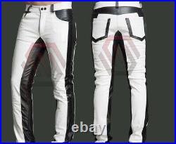 Mens White & Black Leather Pants Slim Fit Leather Trousers
