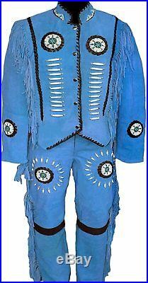 Mens/Women Native american Blue Suede Leather Suit Jacket Pants bone Bead Fringe