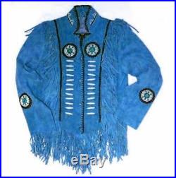 Mens/Women Native american Blue Suede Leather Suit Jacket Pants bone Bead Fringe