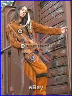 Mens/Women Western Brown Suede Leather Suit Jacket Pants Bone Bead Fringe dress