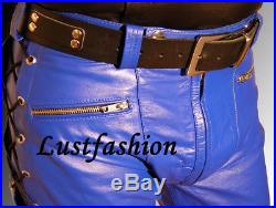 Mens designer leather pants blue leather trousers lacing NEW Lederhose blau