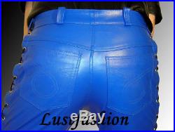 Mens designer leather pants blue leather trousers lacing NEW Lederhose blau