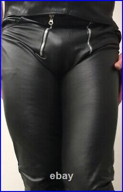 Mens preowned soft leather pants unlined back zipper double zipper in front gay
