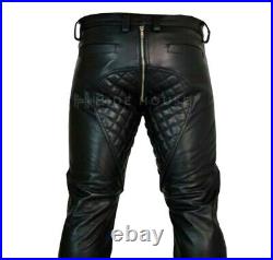 Motorcycle Biker Quilted Pant Black Mens Real Sheepskins Leather Trouser with34