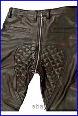 Motorcycle Biker Quilted Pant Black Mens Real Sheepskins Leather Trouser with34