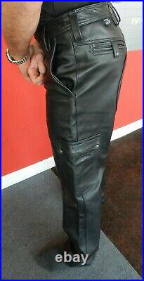 Mr B Amsterdam Mens 34 Genuine Black Cargo Leather Jeans Trousers Unlined Gay